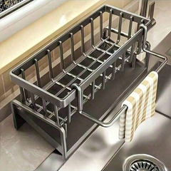 Multifunctional Kitchen Sink Organizer Rack – Stainless Steel Sponge Holder with Drain Tray & Towel Bar