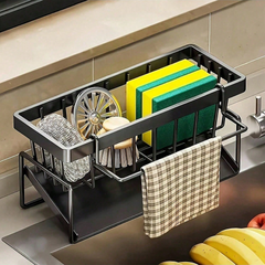 Multifunctional Kitchen Sink Organizer Rack – Stainless Steel Sponge Holder with Drain Tray & Towel Bar