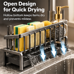 Multifunctional Kitchen Sink Organizer Rack – Stainless Steel Sponge Holder with Drain Tray & Towel Bar
