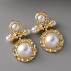 Retro Circle Gemstone Pearl Earrings