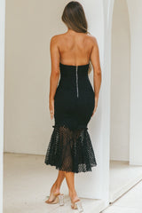 Zoey Lace Overlay Flounce Hem Midi Dress Black