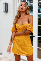 Costa Mesa Puff Sleeve Lace Overlay Dress Yellow