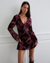 Alitra Mini Dress in Floral Devore Burgundy