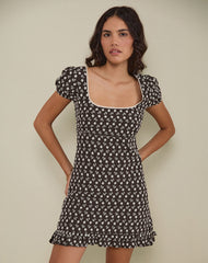 Bella Mini Tea Dress in Floral Broderie Brown