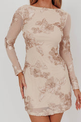 Karma Long Sleeve Scoop Back Dress Embellished Gold