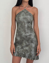 Dikta Asymmetric Mini Dress in Sequin Green Grey