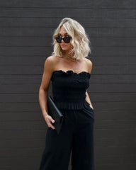 Call Away Cotton Strapless Smocked Pocketed Jumpsuit - Black