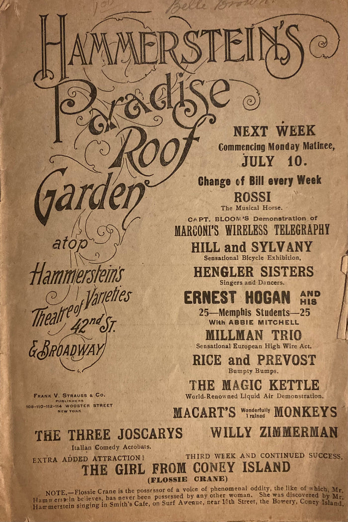 (Vaudeville) Hammerstein's Paradise Roof Garden, NY. "Variety Program." July 3, 1905.