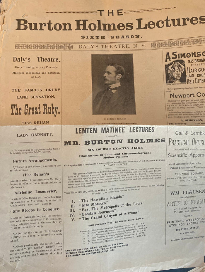 Daly's Theatre, NY. "The Burton Holmes Lectures, Sixth Season." March 20, 1899.