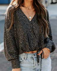 Grandview Printed Drawstring Drape Blouse - Charcoal