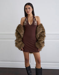 Hepzhi Mini Dress in Bitter Chocolate with Floral Embroidery