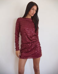 Jasilia Long Sleeve Mini Dress in Gauzy Sequin Red