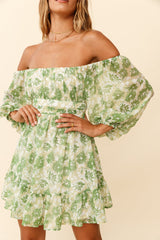 Abby Off-Shoulder Tie-Up Back Dress Floral Print Green