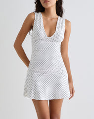 Luscian Plunge Mini Dress in White with Micro Polka Black