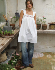Sanaly Mini Dress in Poplin White with Cherry Blossom Embroidery
