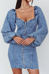 Tasmyn Balloon Sleeve Zipper Mini Dress Denim