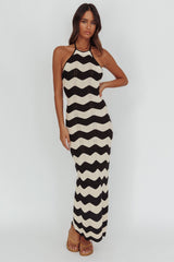 Yelena Halter Neck Knit Maxi Dress Zig-Zag Cream
