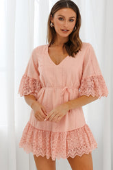 Karissa Lace Trim Waist Tie Tunic Dress Blush