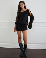 Sybe Cut Batwing Sleeve Mini Dress in Black