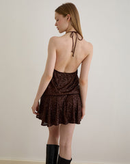 Veloria Mini Dress in Drape Sequin Brown