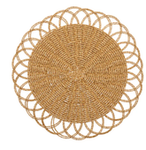 The Alfresco Placemat Set of 4 by Kim Seybert features round, handwoven placemats with an intricate pattern and scalloped edges in natural light brown—ideal for outdoor dining.