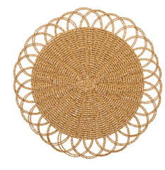 The Alfresco Placemat Set of 4 by Kim Seybert features round, handwoven placemats with an intricate pattern and scalloped edges in natural light brown—ideal for outdoor dining.