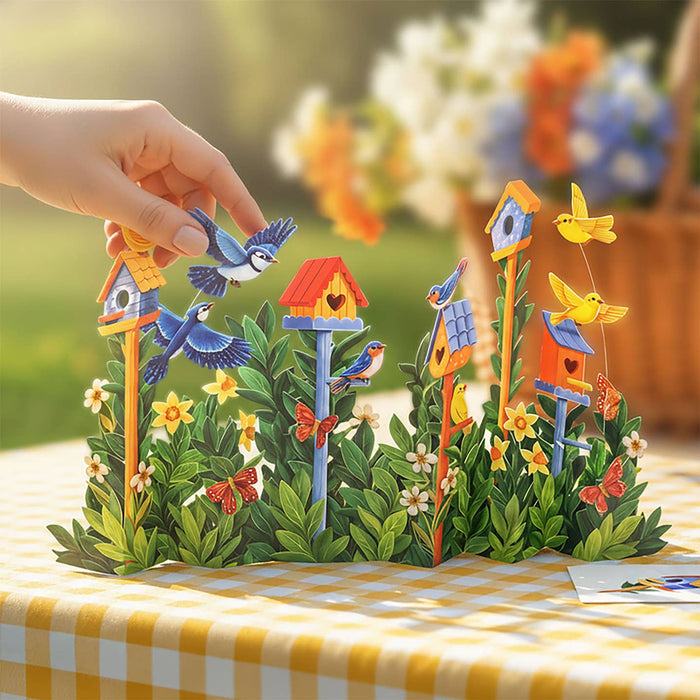 Colorful birdhouse and bird figurine set on a decorative table with flowers in the background.