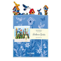 Packaging of 'Birdhouse Garden' card with colorful birdhouses and flowers on a blue background.