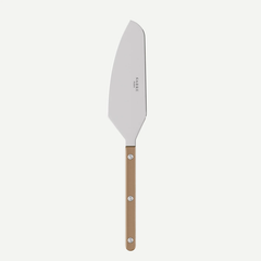 The Sabre Bistrot Pearly Tart Slicer features a wide, angled blade and a wooden handle secured by three metal rivets, shown against a plain white background—perfect for those who value customizable tableware to enhance their collection.