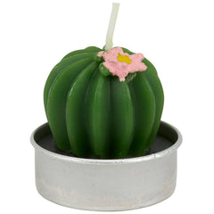 Cactus-shaped candle with a pink flower on a white background