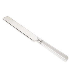 The Coco Clear Acrylic Bread Knife by Inspired Generations, featuring a serrated blade and a transparent acrylic handle, is shown on a white background.