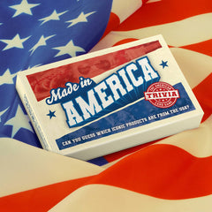 Card game box labeled 'Made in America' on an American flag background