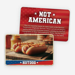 Card with hot dogs and mustard on a wooden board, featuring text about hot dogs and an American flag design.