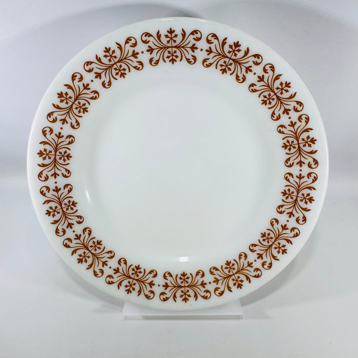 Pyrex Copper Filigree Dinner Plate | Milk Glass Brown Scroll Tableware