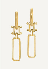 A pair of gold earrings with linked design.