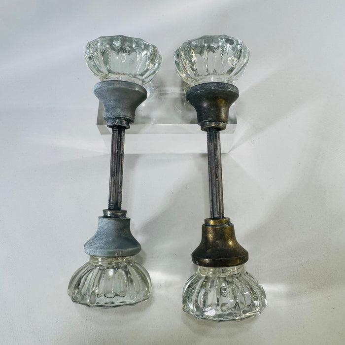 Vintage Glass Doorknob Set Bundle, 4 Fluted Clear Knobs With 2 Threaded Spindles, Antique Door Hardware