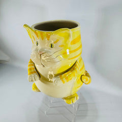 Vintage Hibisus Pottery Yellow Ceramic Cat Planter | Striped Cat Desk Organizer or Kitchen Utensil Crock