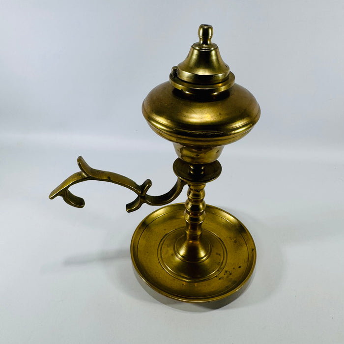 Vintage Solid Brass Whale Oil Finger Lamp | Hinged Lid Brass Lighting Collectible