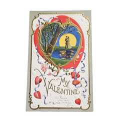 Vintage Valentine Postcard Couple Dancing Under Moonlight Heart Border w/Flowers
