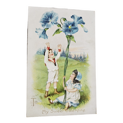 Vintage Valentine Postcard Couple in Blue Heart Border w/Pink Ribbon