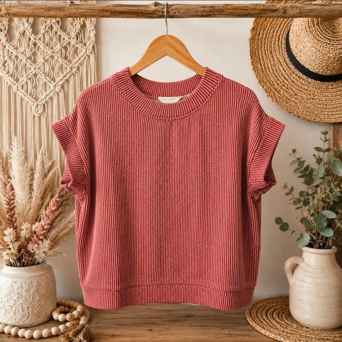 Wine Raised Rib Cap Sleeve Top - 260 Broadway Boutique