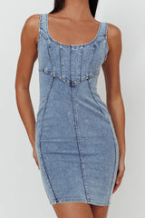 Laramy Low Back Mini Dress Washed Blue