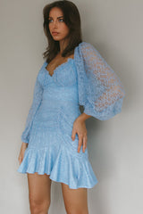 Halley Balloon Sleeve Frill Bust Flounce Hem Lace Dress Baby Blue