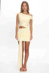 Moonlit Magic Asymmetric Neckline Mini Dress Yellow
