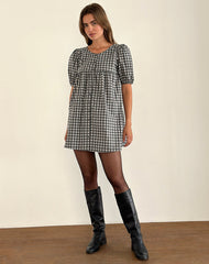Cybera Mini Dress in Tonal Gingham Black and Grey