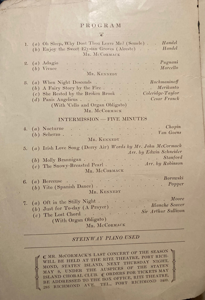 New York Hippodrome, NY. "Recital: John McCormack." May 5, 1929.