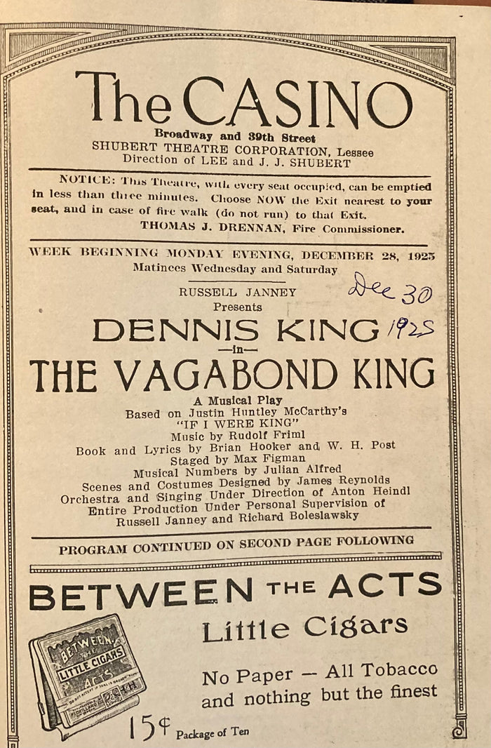 Casino Theatre, NY. "The Vagabond King." Dec. 28, 1925.