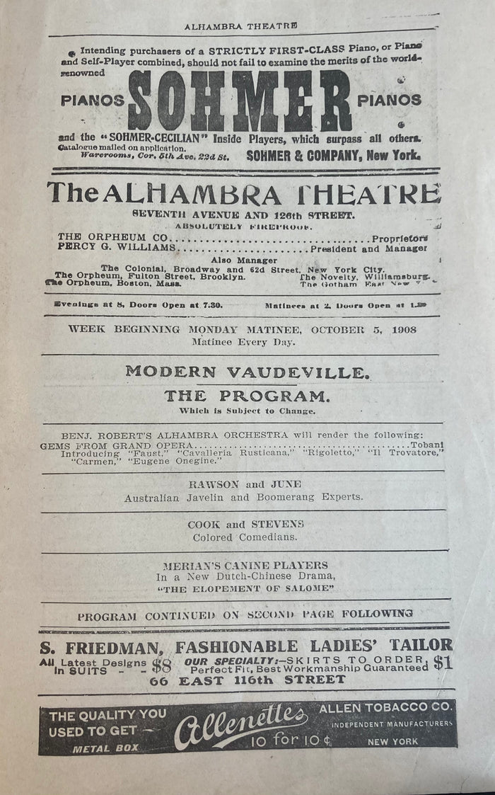 Alhambra Theatre, NY. "Modern Vaudeville." Oct. 5, 1908.