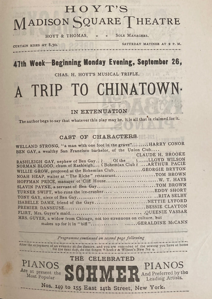 Madison Square Theatre, NY. "A Trip to Chinatown." Sept. 26, 1892.