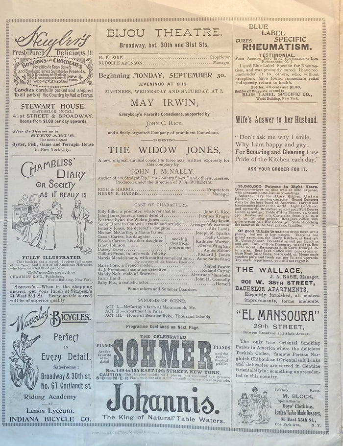 Bijou Theatre, NY. "The Widow Jones." Sept. 30, 1895.